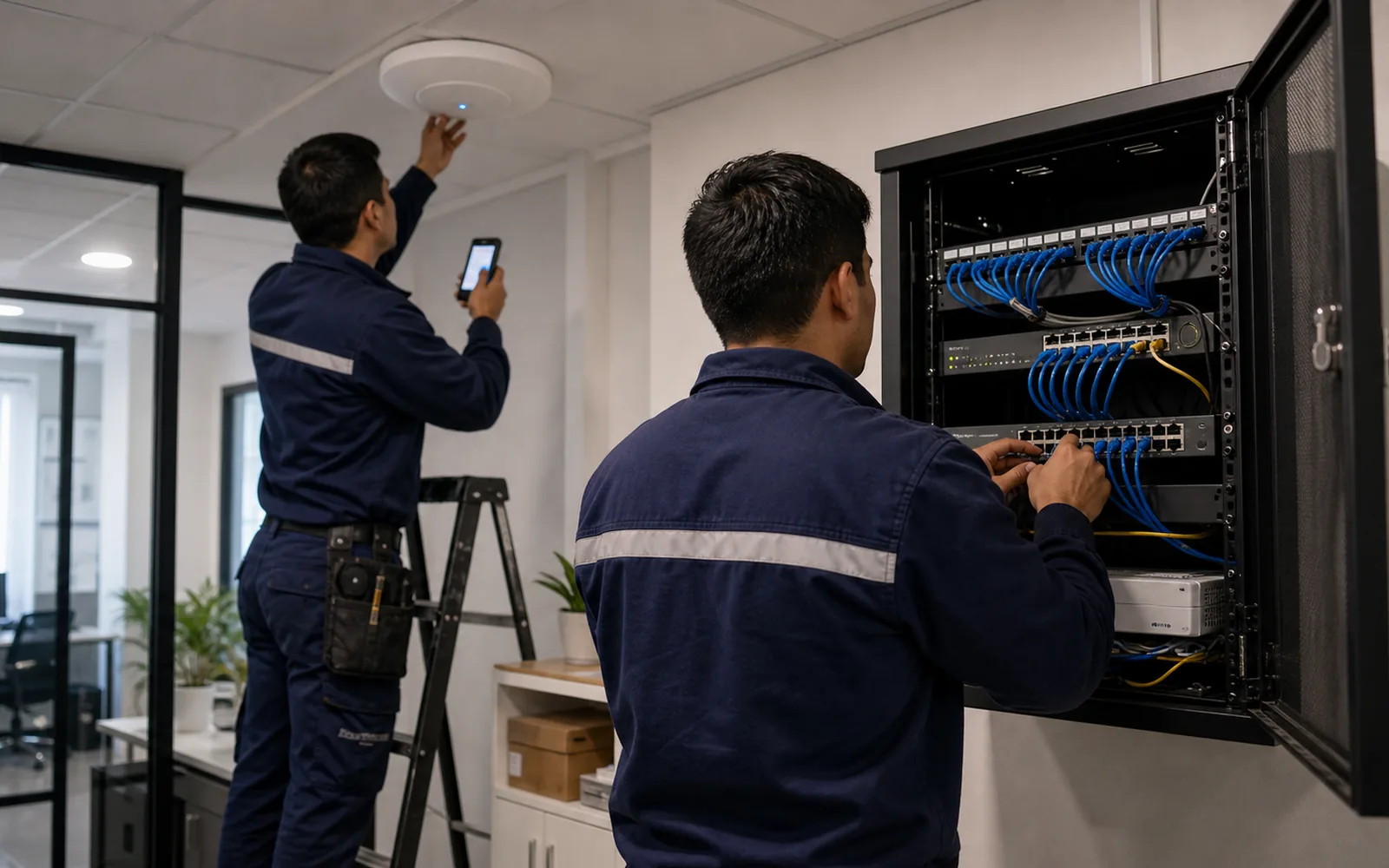 Redes, Internet y WiFi - equipo trabajando referencial HYC